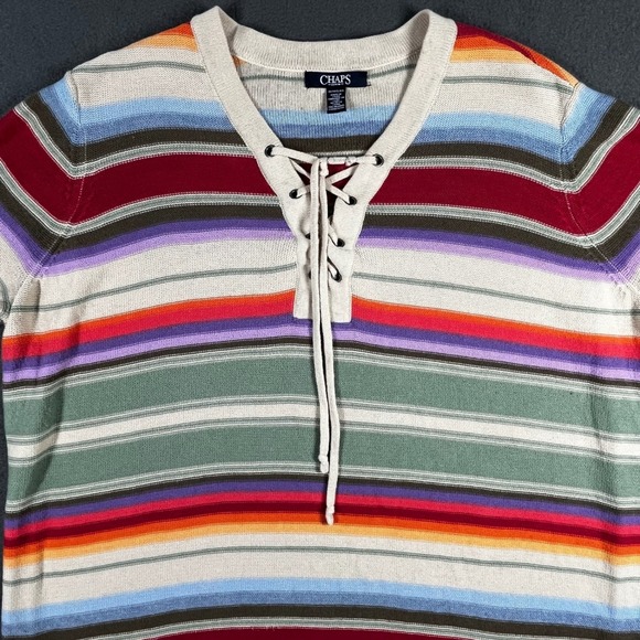 Chaps Denim Colorful Striped Knit Lace Up V Neck Sweater Womens 1X Pullover Top - Picture 1 of 11